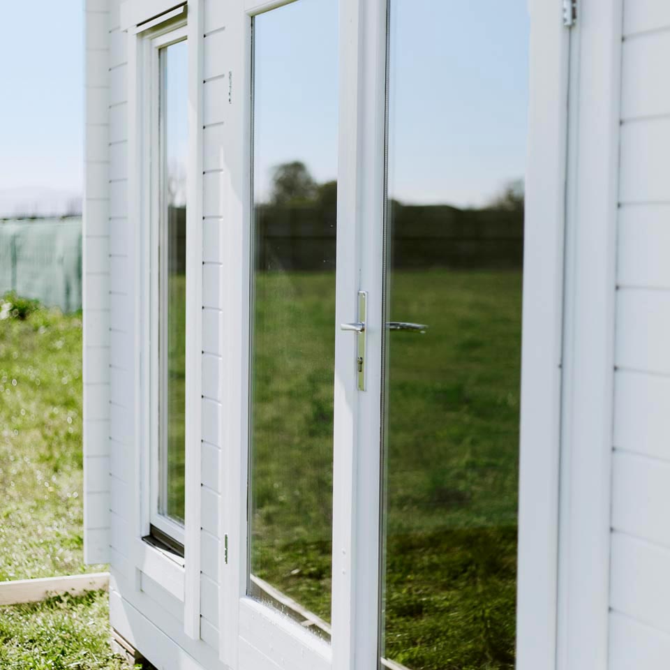 Exterior door details on a 8.75m2 Tussock Cabin Kitset
