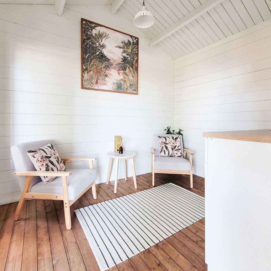 flatpack timber shed set up as a home meeting place and office