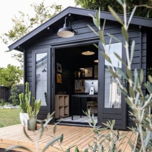Black outside cabin used as a home office