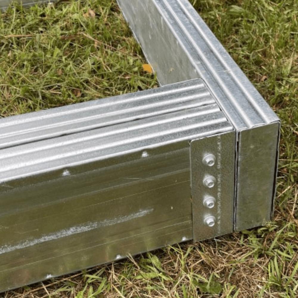Close up of SheShed steel foundation kit