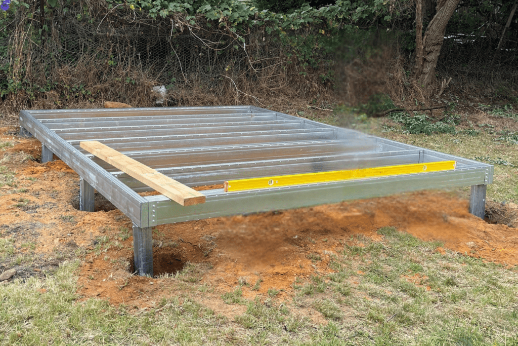 Steel foundation kit under construction