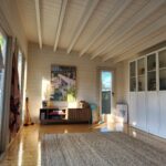 inside of painted poolhouse themed alpine display cabin