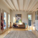 inside of painted pool house themed alpine display cabin