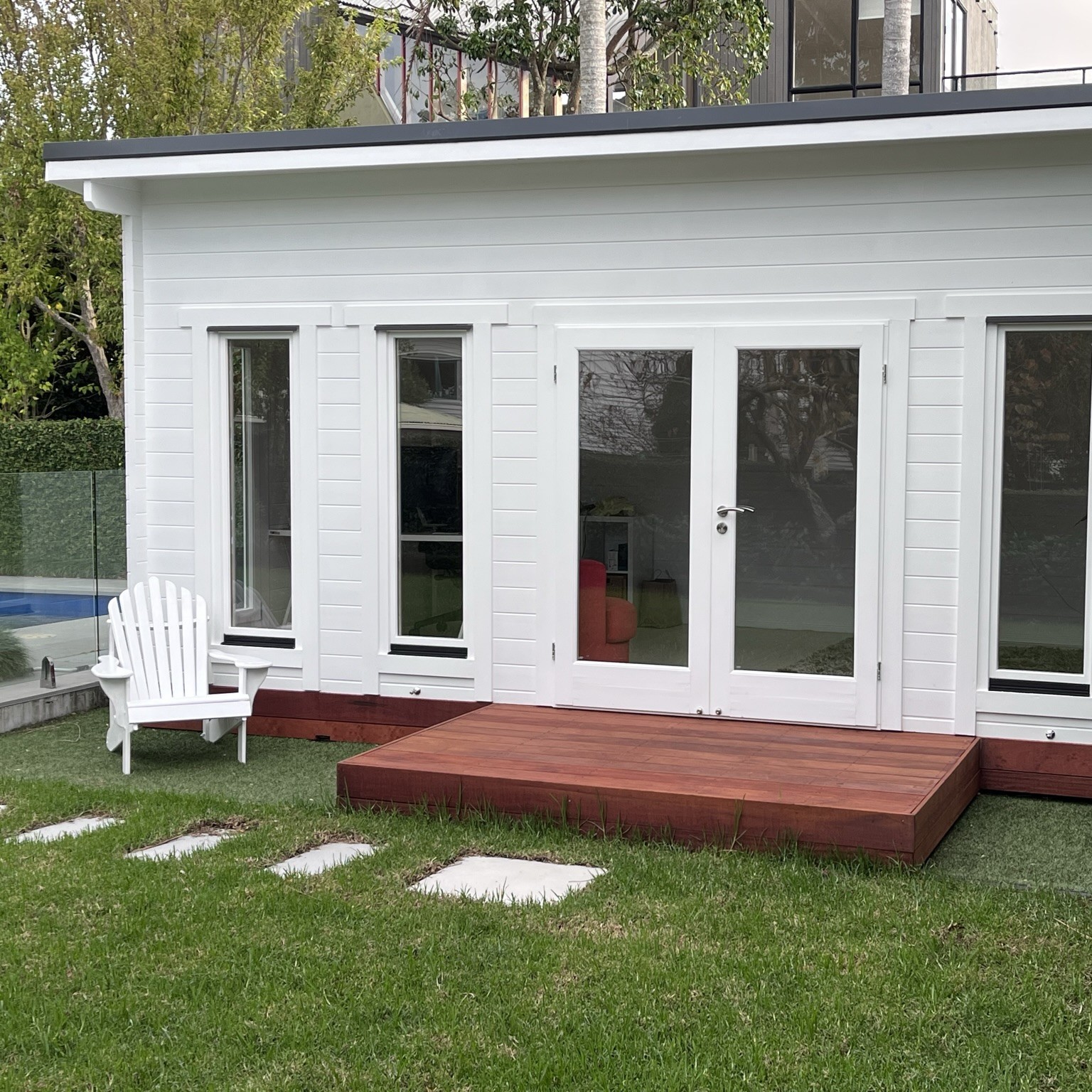 outside of alpine cabin pool house and home office