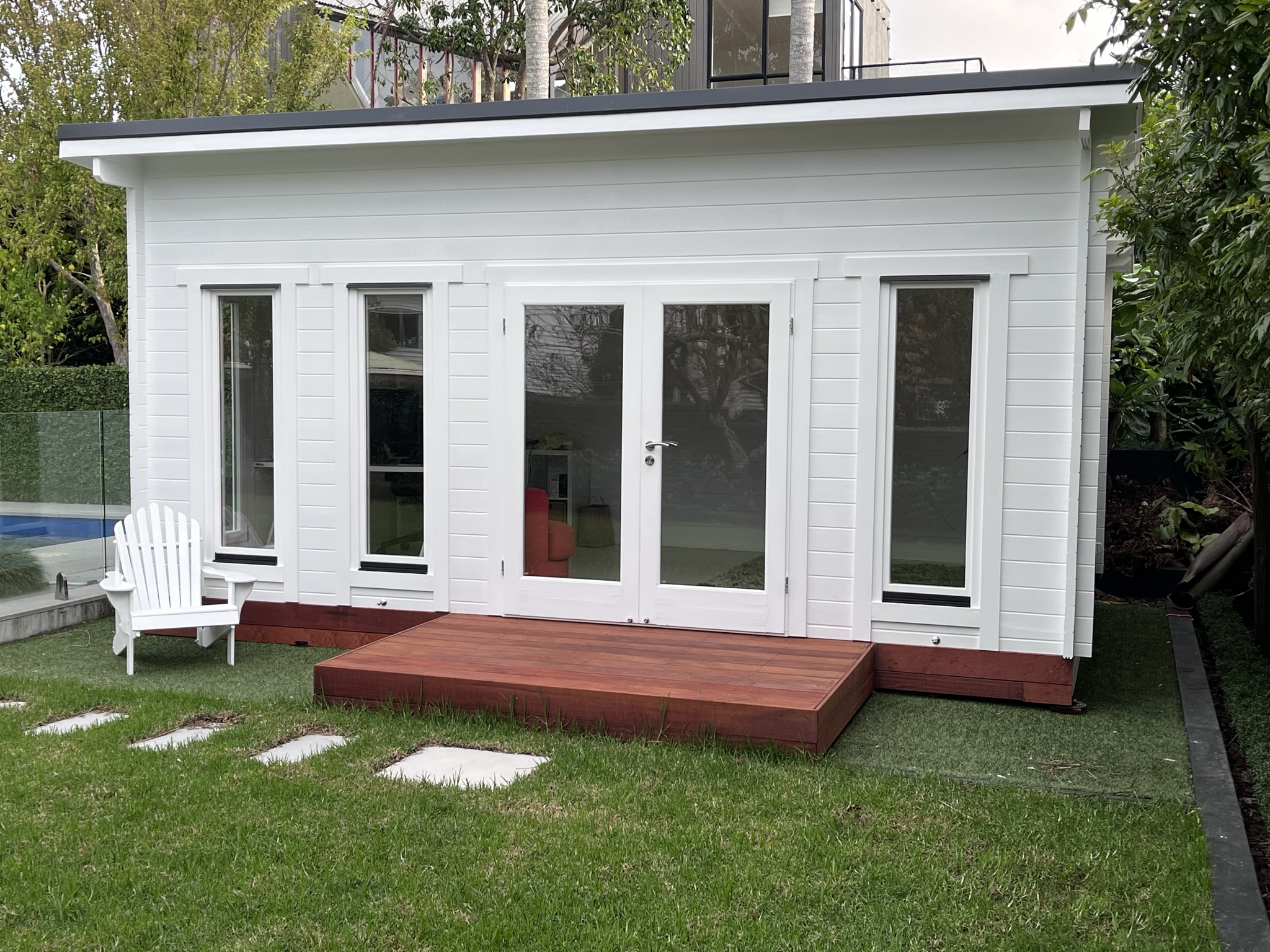 outside of home office alpine cabin with custom deck