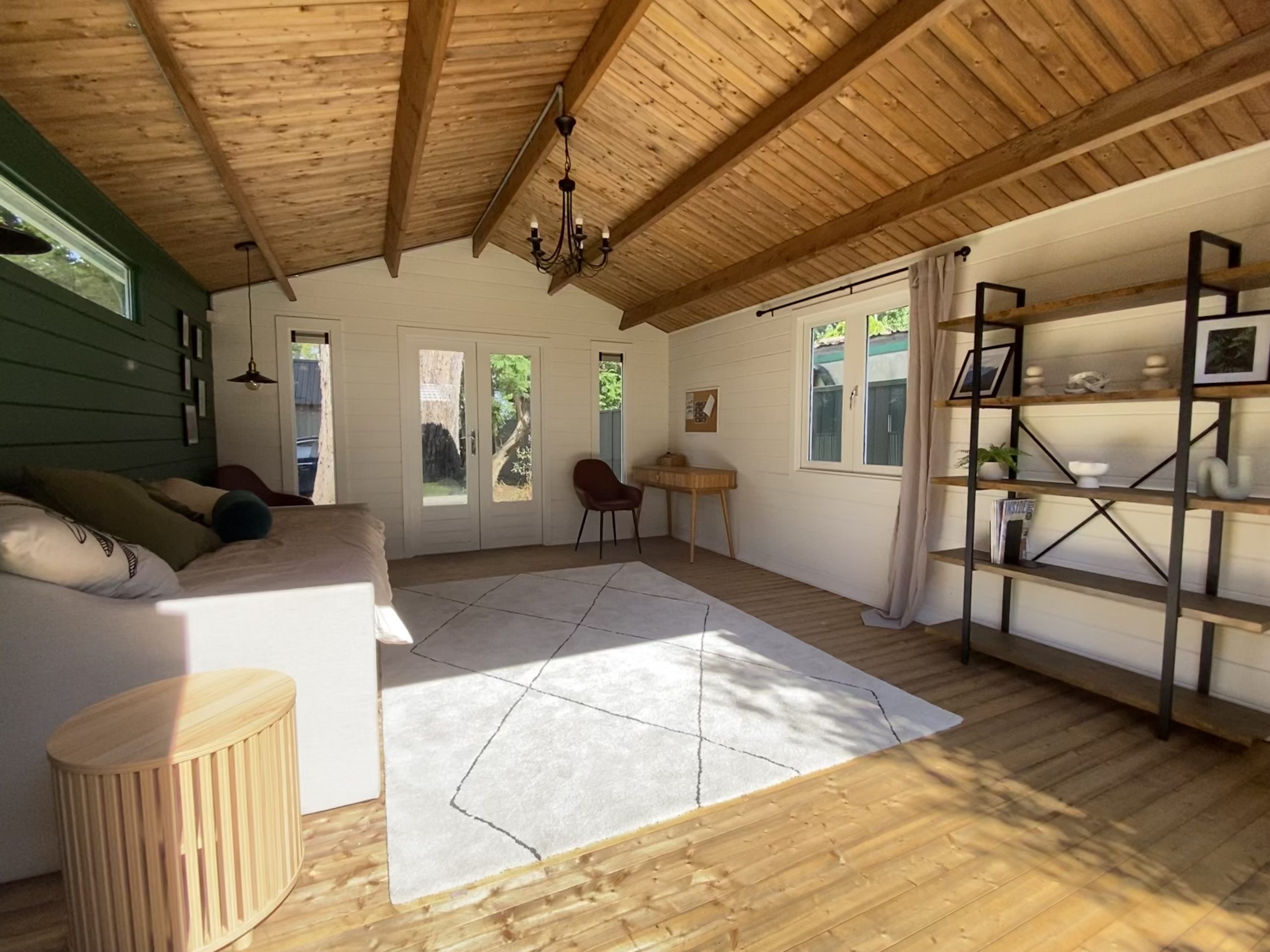 inside painted tasman display cabin with part fixed long window and fixed vented windows and french doors and double windows