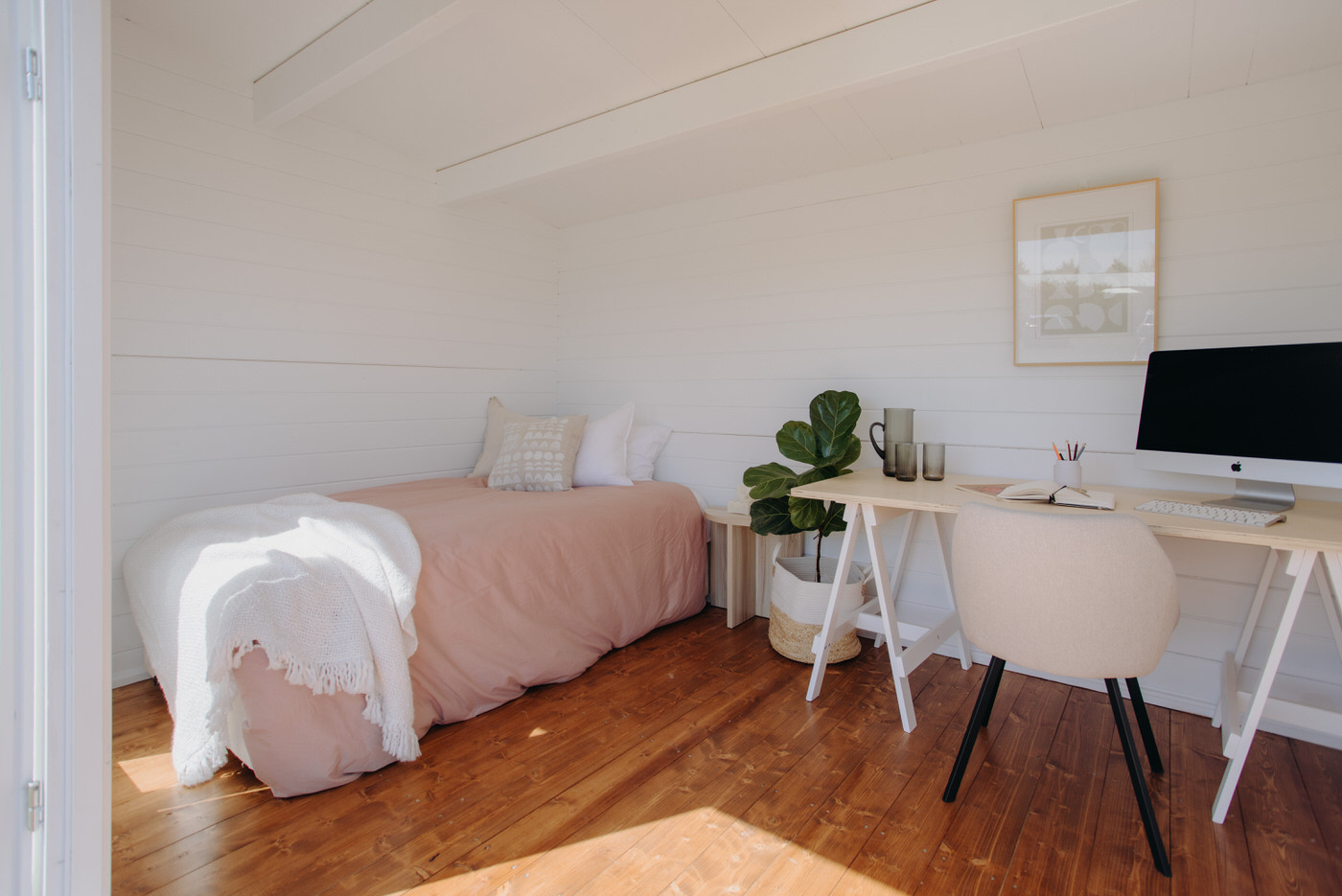 inside painted tussock display cabin home office and sleepout