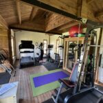 inside of a lake cabin as a home gym