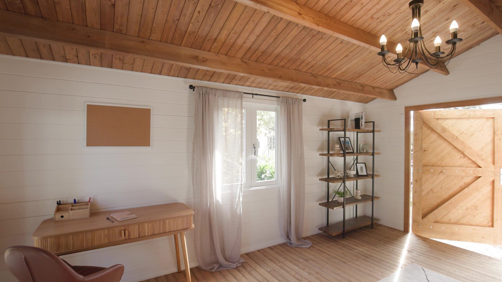 inside of tasman cabin country farm style with open barn door