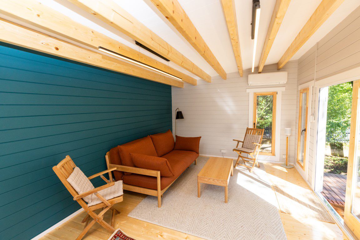 inside of alpine cabin backyard art studio