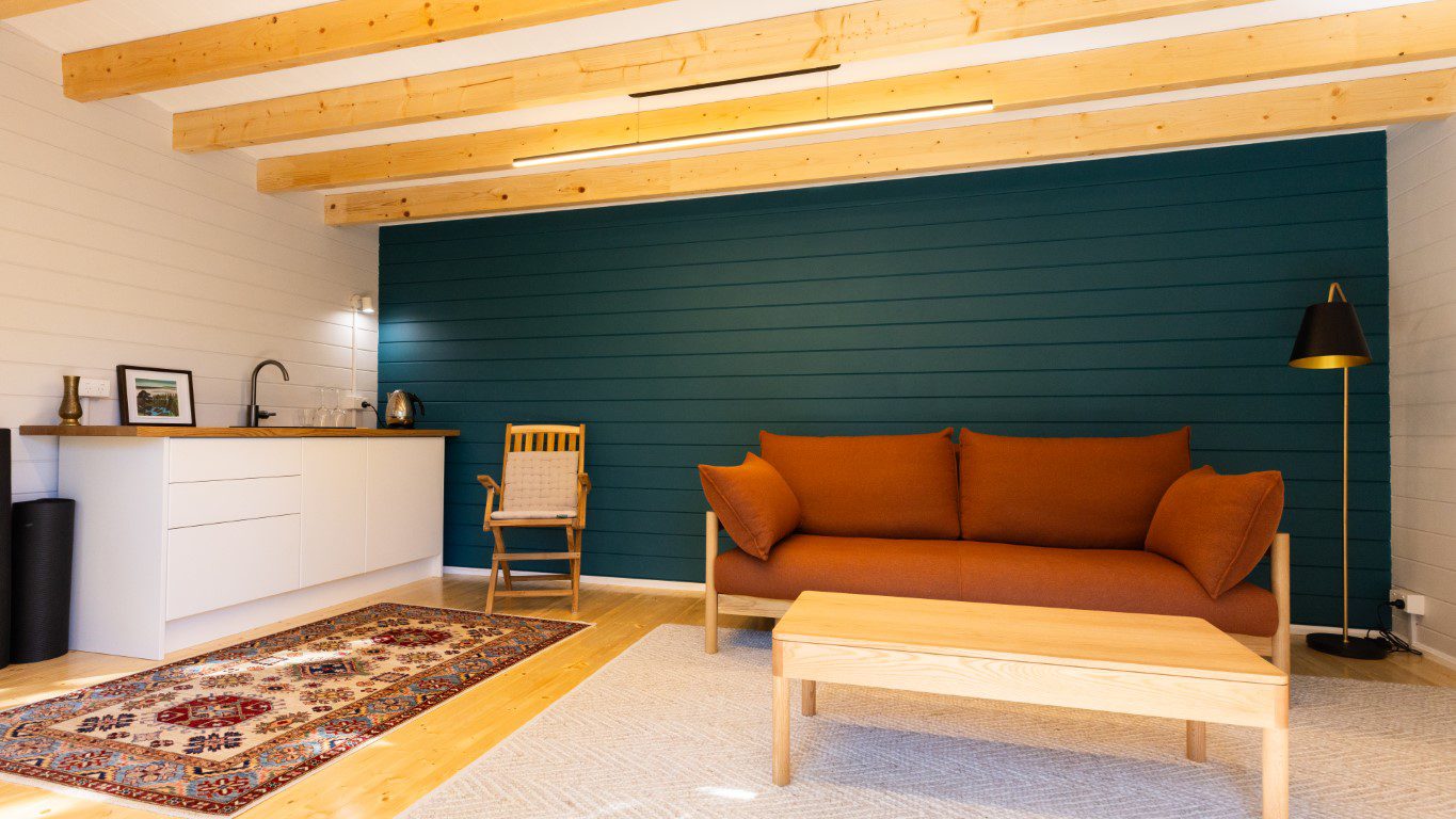 inside of alpine cabin backyard art studio
