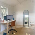 working at home in a backyard studio office
