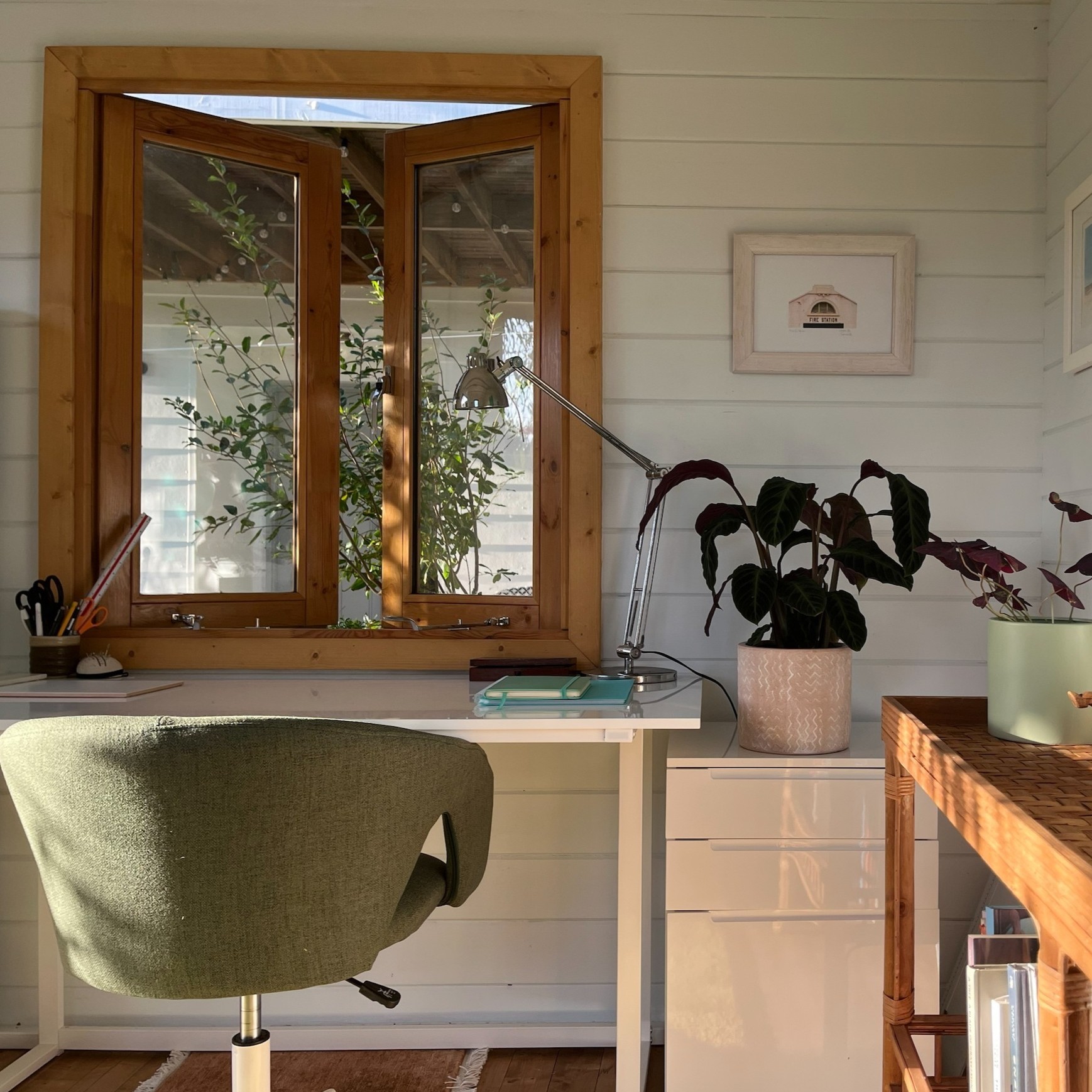 Inside star cabin home office with casement window
