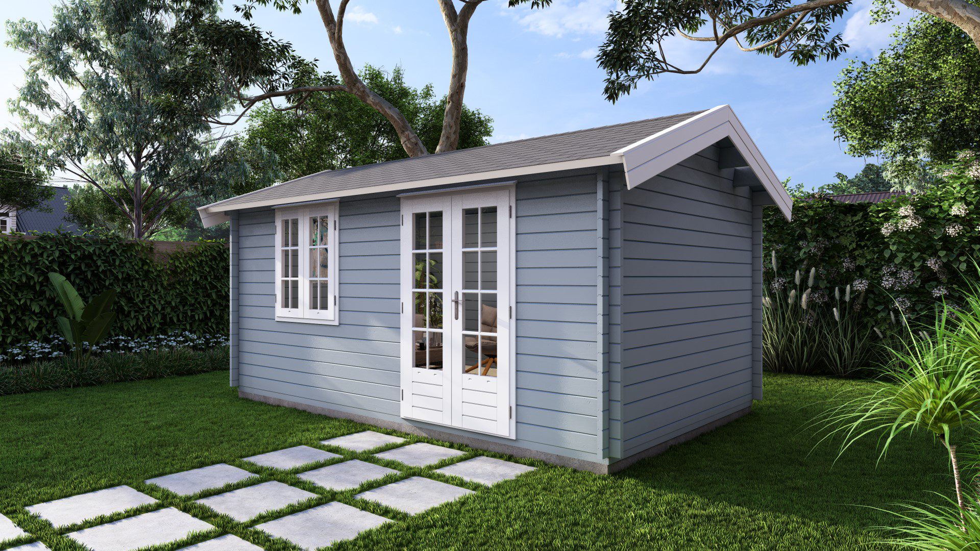 front angle of woodland cabin render