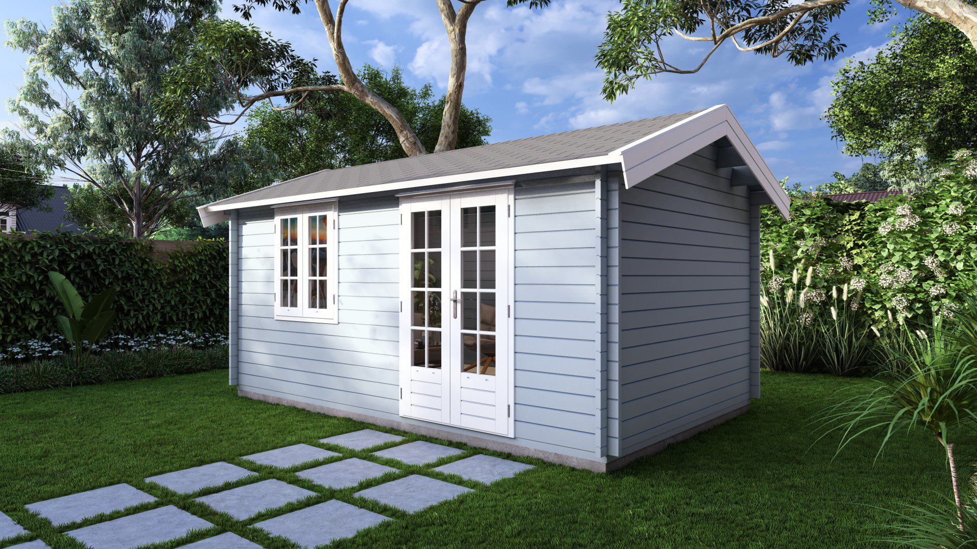 front angle of woodland cabin render