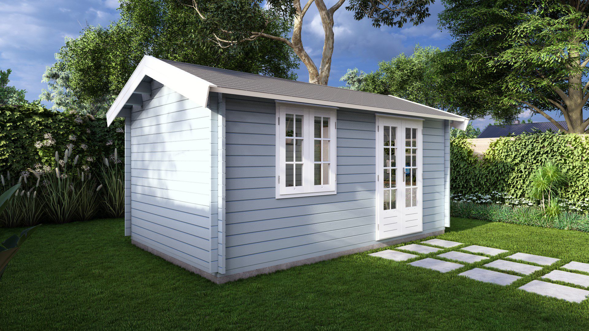 front angle of woodland cabin render