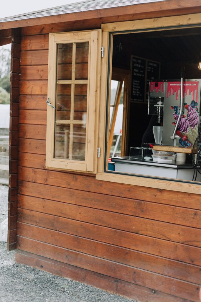Serving window for ice creams in a kitset cabin