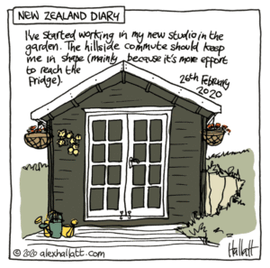 Alex Hallett cartoonists home office drawing