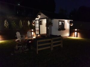Bar Shed in a kitset cabin at night in Queensland AU